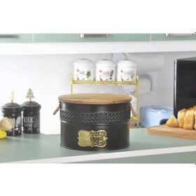 Resim Metal Ekmeklik Ahşap Kesme Tahtalı Hasır Kulplu Ekmeklik Siyah 