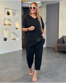 Resim Hazego Kadın Kısa Kollu V Yakalı Pul Payetli Viskon Iki Iplik Bluz Ve Pantolon Ikili Takım Siyah 