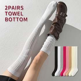 Resim 1 Çift/2 Çift - Kadınlar için Diz Üstü Çoraplar, Kalın Çizgili Diz Çorapları, Fleece Altı ile Kış Çorapları, Dizler için Kalınlaştırılmış ve Sıcak Uzun Çoraplar, Botlarla Uyumlu 