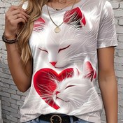 Resim Kadınların Bohem Tarzı Gevşek T-Shirt'i Beyaz Kedi ve Kalp Baskısı ile - Rahat Yaz Üstü, Yuvarlak Yaka, Rahat Giyim|Bohem Tarzı Üst|Konforlu Kesim, Kedi Sever Hediyeler 