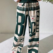 Resim Kadınların Trendy Sokak Rahat Spor Pantolonları, Harf Baskıları, Renkli Çizgiler, Bağcıklı ve Düz Bacaklı Tasarımıyla. 