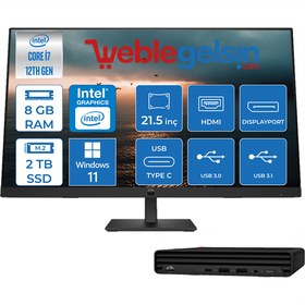 Resim Hp Pro 400 G9 Inte Core i7-12700T 8GB 2TB M.2 SSD Intel® UHD Grafik Windows 11 Pro 21.5'' Mini Masaüstü Bilgisayar HM6D378EA20 
