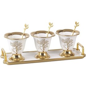 Resim Autumn Gold Detaylı Metal Kaşıklı Porselen 3'lü Dondurma Kase Seti Çerezlik Reçellik Sosluk 