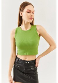 Resim Butikgiz Kadın Sıfır Kol Bisiklet Yaka Vücuda Oturan %100 Pamuklu Kaşkorse Esnek Crop Bluz Çimen Yeşili 