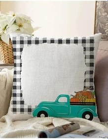 Resim RealHomes Çift Taraflı Ekose Çerçeveli Bal Kabaklı Araba Dijital Baskılı Modern Raşel Yastık Kırlent Kılıfı, Sonil-K-8634-55x55cm 