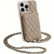 Resim Topshop1 iPhone Uyumlu 15 Kaki Zincirli Yapay Deri Kare Desenli Kredi Kartlı Çapraz Body Çanta 