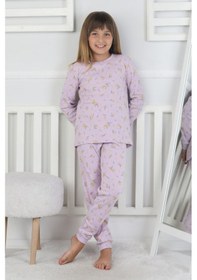 Resim Kız Çocuk Lila Çiçek Desenli %100 Pamuk Fitilli Interlok Pijama Takımı 3-8 Yaş Koyu Lila 