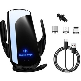 Resim 15w Kablosuz Araç Şarj Cihazı - Otomatik Sensörlü 360 Derece Dönebilen Telefon Tutucu Siyah Siyah 