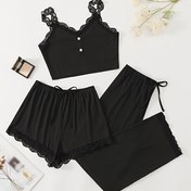 Resim Rahat Kadın Pijamaları Kabartmalı Kumaş, Seksi Askılı Üst & Günlük Şort, Üç Parçalı Set 