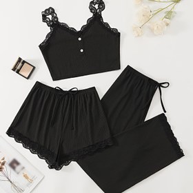 Resim Rahat Kadın Pijamaları Kabartmalı Kumaş, Seksi Askılı Üst & Günlük Şort, Üç Parçalı Set 