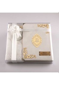 Resim Şal + Seccade +Tesbih +Kuran Hediye Set (Orta Boy, Kadife, Beyaz) 