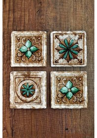Resim Doğaltaş Bardak Altlığı 4'lü Set - Hint Desenler Baskılı Stone Coasters Çok Renkli 