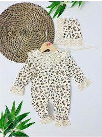 Resim Alpbebe Laos Fisto Detaylı Leopar Desen Arkadan Çıtçıtlı Mevsimlik Tulum Set - Krem Krem 