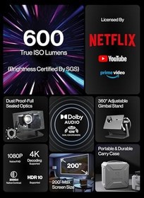 Resim Küp 600 Netflix Projektör, Wifi ve Bluetooth'lu 1080P Taşınabilir Projektör, Gerçek ISO 600 ANSI Lümen, 360 ° Ayarlanabilir Gimbal Standı, Otomatik Keystone Video Projektörü, MAX 200 