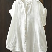 Resim Plus Beden Kadınlar için Günlük Düğmeli Gömlek - Canlı Pembe Çizgili Kısa Kollu Bluz, %100 Polyester Hafif 110gsm, Makinede Yıkanabilir H-Line Kesim İlkbahar/Yaz Gezintileri İçin 