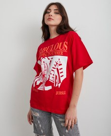 Resim Mad&Calf Kadın Kırmızı Fabulous Baskılı Oversize T-shirt 