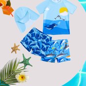 Resim 4 parça Erkek/Kız Çocuk Günlük Karikatür Desenli Renk Bloklu Kısa Kollu Üst, Şort, Mayo ve Şapka Takımı İlkbahar/Yaz için, Plaj, Yüzme, Seyahat, Tatil 