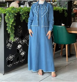 Resim Esre Store 4520 - Kalp Desen Kot Kumaş Tesettür Takım Mavi 