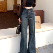 Resim Yazı baskılı yüksek bel geniş paça düz kesim uzun pantolon, üst üste binmeyen etek tasarımı ile çok yönlü flarlı kot 