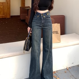 Resim Yazı baskılı yüksek bel geniş paça düz kesim uzun pantolon, üst üste binmeyen etek tasarımı ile çok yönlü flarlı kot 