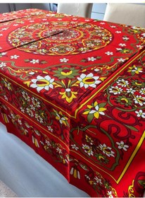 Resim Kolay Temizlenebilir Renkli Cıvıl Cıvıl Desenli Masa Örtüsü 170x170 Cm Turuncu 