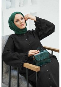 Resim Neways 6587-denim Düğmeli Kolları Fırfırlı Ferace Siyah Siyah 