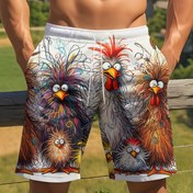 Resim Erkekler için Renkli 3D Tavuk Baskılı Hızlı Kuruyan Yüzme Şortları - Günlük Plaj Giyimi, Sörf & Dalış Ekipmanı, %100 Polyester, Elastik Bel Bandı 