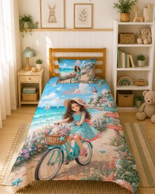 Resim Evmila Karikatüristik Bisikletli Kız Temalı Nevresim Takımı - 160x220 cm Nevresim (Tek Kişilik Özelleştirilmiş ) + 50x70 cm Yastık Kılıfı 