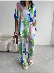 Resim Defymoda Yeşil Büyük Çiçek Desen Saten Gömlek-pantolon Takım - Yeşil Yeşil 