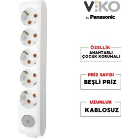 Resim Viko Beşli Grup Priz Anahtarlı Topraklı - Çocuk Korumalı Çoğaltıcı Priz 5'li Kablosuz Beyaz 