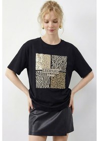 Resim Shade Kadın Taş Detaylı Leopar Baskılı Bisiklet Yaka Rahat Kalıp T-shirt 2200 60283970 - Siyah 