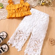 Resim Yeni bebek için dış mekanlarda giyilebilecek, iki parçalı bebek kız yazlık kıyafet, kare yaka kolsuz üstler ve düz renk pantolonlar, polyester 