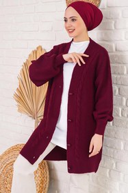 Resim hazelin Kadın Tesettür Bordo Saç Örgü Desen Uzun Düğmeli Rahat Kesim Triko Hırka HZL24W-BD1100691 