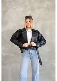 Resim Genculus Kemerli Crop Deri Oversize Kadın Yeni Sezon Ceket Siyah 