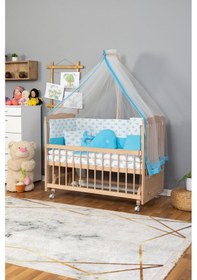 Resim Ahşap Beşik Anne Yanı Beşik Organik Boyasız 60x120 - Mavi Balina Uyku Seti Yatak Tekerlekli Ahşap 