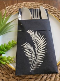 Resim Gümüş Yaldızlı Siyah Yaprak Cepli Peçete 12 lı 40x40 