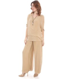 Resim İtalyan Yarasa Kol Pul Payetli İpek Bluz Pantolon Takım Camel 