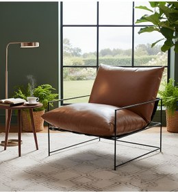 Resim Sller Modern Deri Berjer - Taba Tekli Koltuk - İskandinav Tasarım Metal Ayaklı Salon Koltuğu Taba 