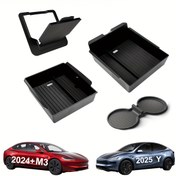 Resim 5 Adet Tesla Model Y Juniper 2025 ve Tesla Model 3 Highland 2024 için, Merkezi Konsol Organizatör Tepsisi, Gizli Saklama Kutusu, Bardak Altlığı ve Kolçak Çekmecesi Düzenleyici, Anı Anahtarlık Seti 