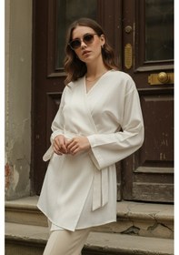 Resim %100 Pamuk Keten Cepli Kemerli Yazlık Kadın Kimono 1166 - Nefes Alan Doğal Kumaş Ekru 