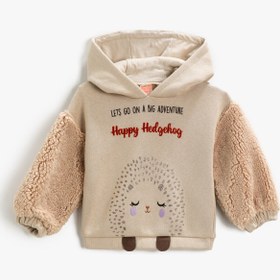 Resim Kız Bebek Kapüşonlu Baskılı Peluş Kol Sweatshirt Pamuklu 