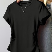Resim Plus Beden Kadınlar için Seksi Dar Kesim Büzgülü Bel T-Shirt - Yüksek Esneklik Kısa Kollu Yuvarlak Yaka Üst, Smock Detaylı Siyah Yazlık Günlük Tişört, Rahat Giyim İçin, Bayanlar Tişörtleri, Sıkı Oturan Gömlek, Esnek Kumaş Üst 