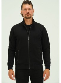 Resim Fermuarlı İçi Astarlı Regular Fit Erkek Dik Yaka Selanik Hırka Siyah 