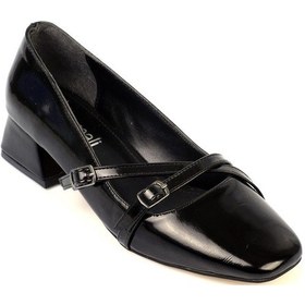 Resim Shoetek Elvinya Kadın Stiletto Kalın Topuklu Çapraz Bantlı Tokalı Küt Burunlu Ayakkabı Siyah Rugan Siyah Rugan 