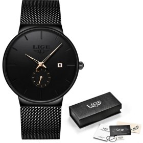 Resim Hanyang Siyah Gül Lıge Örgü Çelik Erkek Saatler Marka Lüks Ultra-Ince Su Geçirmez Kuvars Izle Erkekler Iş Takvimi Spor Saat Relojes Hombre (Yurt Dışından) 