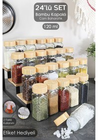 Resim 24'lü Bambu Kapaklı Cam Baharatlık Seti - Etiketli Tuzluk Biberlik Köşeli Baharat Takımı 120 Ml ŞEffaf 
