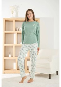 Resim Pijamoni Kadın Berlin Kumaş Bisiklet Yaka Yeşil Pijama Takımı - 8811 Yeşil 