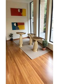 Resim Ahşap Yan Sehpa Seti 3 Lü Mantar Sehpa Altın Varak Renk Bej 