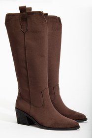 Resim DENORA Acı Koyu Kahve Mat Süet Topuklu Kovboy Western Düz Çizme 