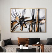 Resim Yağlı Boya Dokulu Tablo Siyah Beyaz Kahve Soyut Altın Çerçeveli U08013-179024 